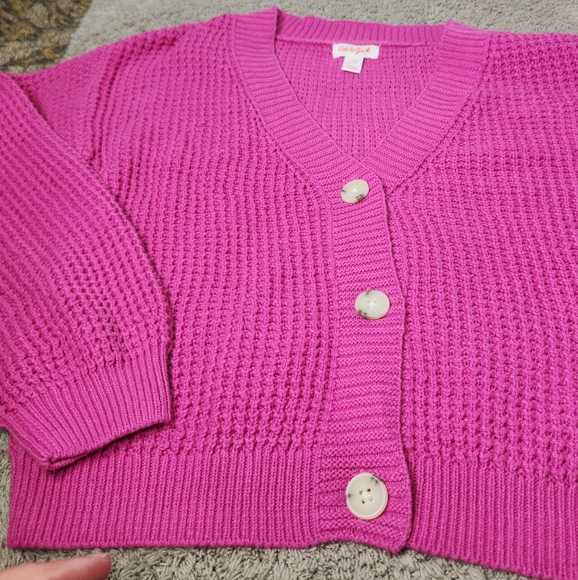 Girls' Short Waffle Button-Front Sweater - Cat & Jack Dark Pink M(8) - Picture 5 of 12